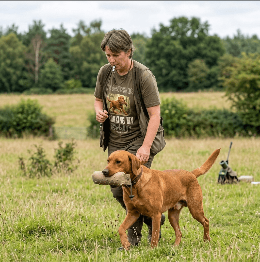 Handler working a gundog in open countryside