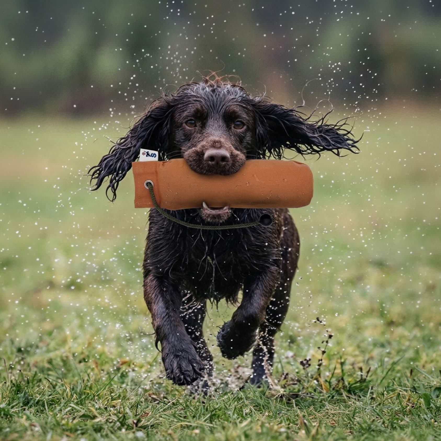 Spaniel carrying an orange training dummy