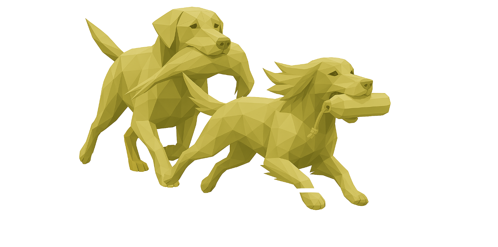 Polygonal illustration of two dogs running with training dummies in their mouths above the text The Gundog Coach.