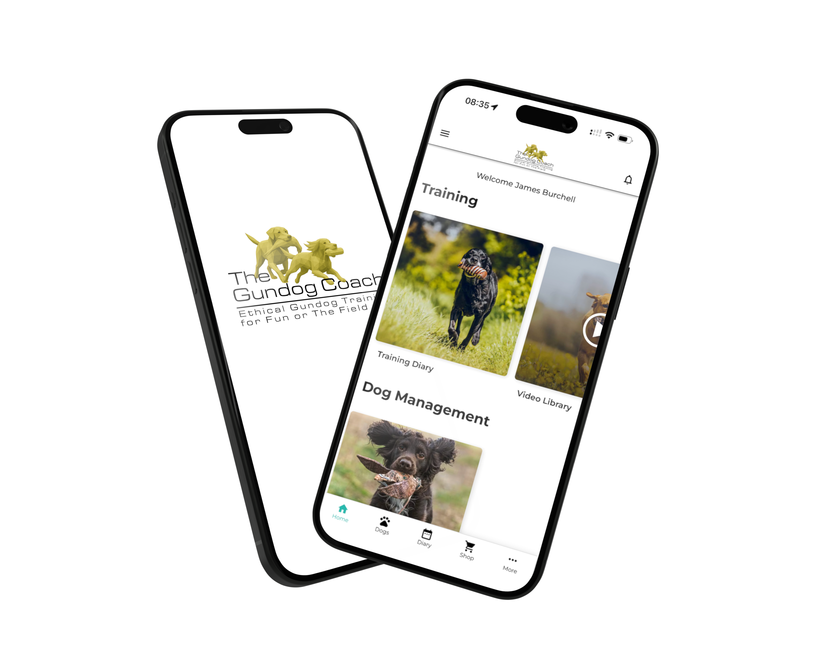Two smartphones showing The Gundog Coach app, featuring dog training and management sections with dog images.